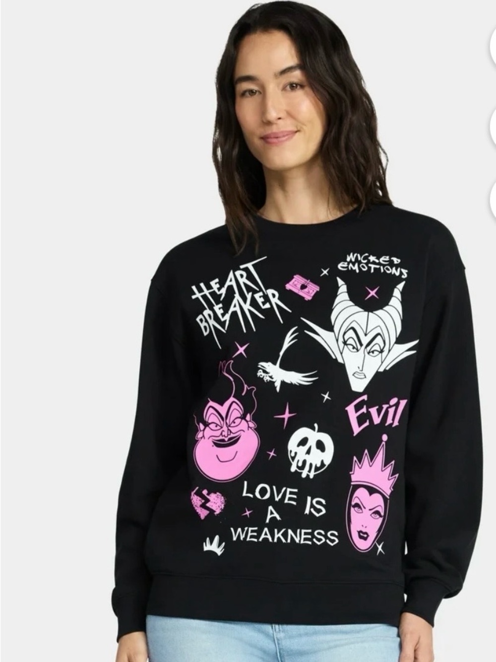 #771 Disney Black Crewneck Sweater with Pink & White Villain Graphics